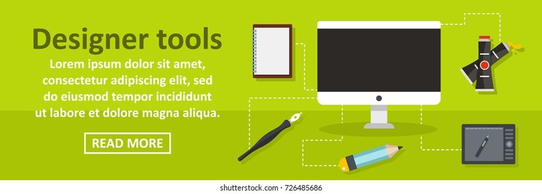 Designer tools banner horizontal concept. Flat illustration of designer tools banner horizontal vector concept for web design