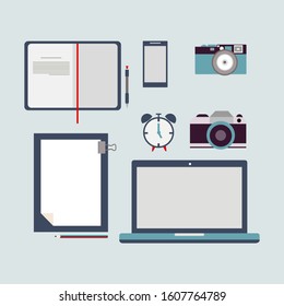 Designer Tools Bundle Set Vector Illustration. Camera, Laptop, Notebook.