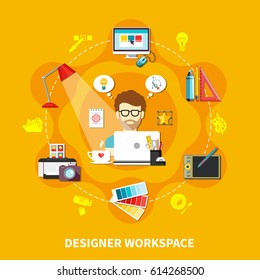 Designer tools flat composition with designer workplace description and man sits on work vector illustration