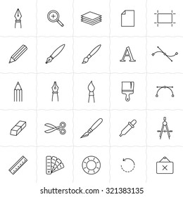 Designer tools icon set. Vector icons of drawing and painting tools. Simple outlined icons. Linear style