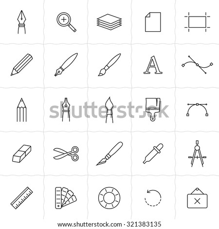 Designer tools icon set. Vector icons of drawing and painting tools. Simple outlined icons. Linear style