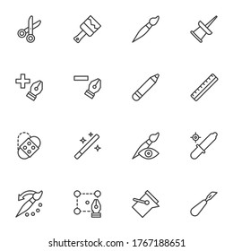 Designer tools line icons set, outline vector symbol collection, linear style pictogram pack. Signs logo illustration. Set includes icons as drawing and painting, pen tool cursor, push pin, cut, ruler