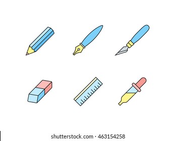 Designer tools. Linear vector icons of drawing and painting software tools