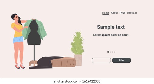 designer trying jacket on mannequin fashion creative design studio dressmaking workplace tailor shop sewing workshop concept horizontal copy space vector illustration