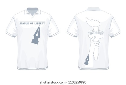Designer T-shirt. Silhouette,Template Hand with torch. Statue of Liberty. Gray linear drawing.Symbol of America. V-shaped T-shirt. Illustration,white background. logo,  pen for writing, retail, vector