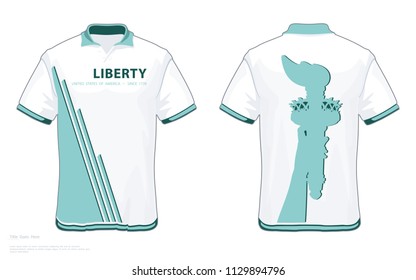 Designer T-shirt. template. Hand with torch. Statue of Liberty. Creative green white linear drawing. Symbol of America. V-shaped T-shirt.Illustration white background, logo,print, retro,retail vector