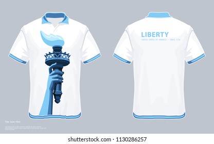 Designer T-shirt. template. Hand with torch. Statue of Liberty. Creative blue white linear drawing. Symbol of America. V-shaped T-shirt.Illustration white background, logo,print, retro, retail vector