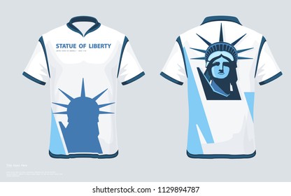 Designer T-shirt. template. Portrait, Statue of Liberty. Creative blue white linear drawing. Symbol of America. T-shirt V-neck. Illustration gray background,logo, sign, print, retro, shop, top,vector
