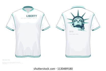 Designer T-shirt. template. Portrait, Statue of Liberty. Creative green white linear drawing. Symbol of America. T-shirt V-neck.Illustration white background, logo, sign, print,retro, shop, top,vector