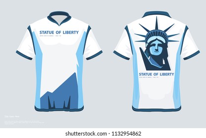Designer T-shirt. template. Portrait, Statue of Liberty. Creative blue white linear drawing. Symbol of America. T-shirt V-neck. Illustration gray background, logo, sign, print, retro, shop, top,vector