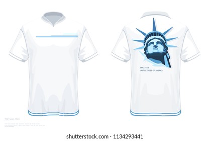 Designer T-shirt. template. Portrait, Statue of Liberty. Creative green white linear drawing. Symbol of America. T-shirt V-neck.Illustration white background