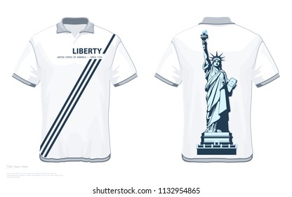 Designer T-shirt. template. Statue of Liberty. Creative blue white linear drawing. Symbol of America. T-shirt V-neck. Illustration white background, logo, sign, print, retro, shop, top, retail vector
