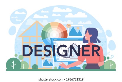 Designer typographic header. Decorator planning the design of a house, choosing wall color and furniture style. Home renovation. Isolated flat vector illustration
