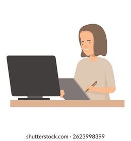 Designer is using a graphic tablet and pen display while working on a laptop at her desk