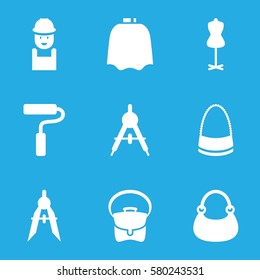 designer vector icons. Set of 9 designer filled icons such as compass, hairdresser peignoir, mannequin, bag, worker
