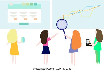Designer. Vector modern flat illustration, concept of success, reach a goal, vector illustration of business, employees study infographics, analyze evolutionary scale, online training