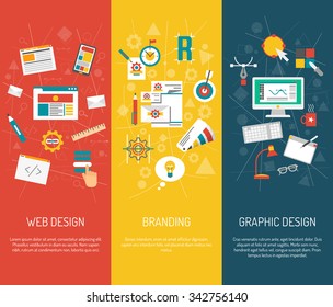 Designer vertical banner set with web graphic design and branding elements isolated vector illustration