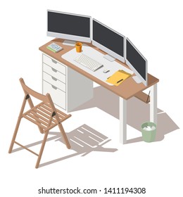 Designer, videographer, digital artist or programmer work place with three computer monitors standing in row on desk, folding chair, trash can isolated vector illustration isolated on white background