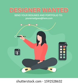 Designer wanted. Illustration of woman designer with digital drawing tools