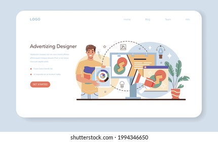 Designer web banner or landing page. Advert designer or graphic illustrator. Artist creating modern advertisment. Digital drawing for product design concept. Flat illustration vector