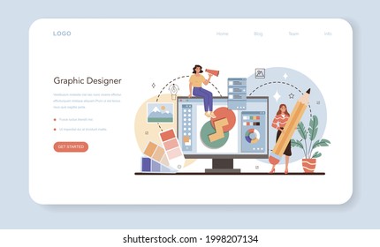 Banner web o página de inicio del diseñador. Diseñador de publicidad o ilustrador gráfico. Artista creando publicidad moderna. Dibujo digital para el concepto de diseño de productos. vector de ilustración plana