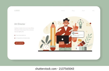 Designer Web Banner Or Landing Page. Art Director Working On Media Content. Creative Process, Digital Drawing And Design For Product Promotion. Flat Illustration Vector