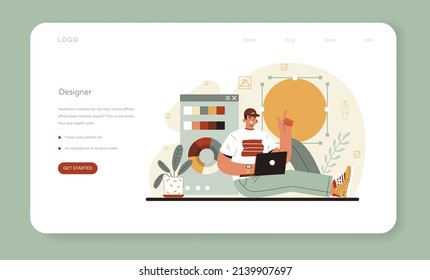 Designer Web Banner Or Landing Page. Art Director Working On Media Content. Creative Process, Digital Drawing And Design For Product Promotion. Flat Illustration Vector