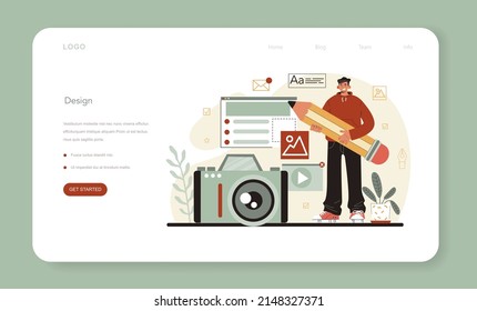 Designer Web Banner Or Landing Page. Art Director Working On Media Content. Creative Process, Digital Drawing And Design For Product Promotion. Flat Illustration Vector