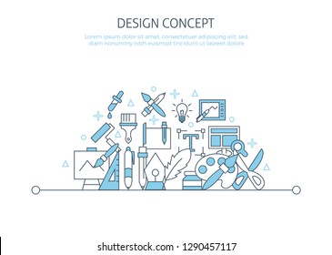 Designer website banner. For drawing landing page mobile app icons set, creative idea, digital art graphic design poster concept elements template with tools. Thin line web symbols outline flat