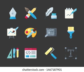 Designer website icons bundle set. For drawing mobile app development, creative idea, digital art graphic design elements poster concept template with tools. Flat vector web symbols