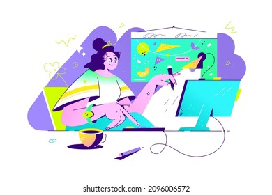 La diseñadora crea un trabajo único en la ilustración vectorial de un ordenador digital. Talentosa chica trabajadora de estilo plano. Creatividad, arte, concepto de diseño
