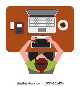 designer woman workplace drawing table computer and coffee cup top view