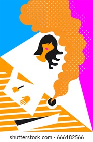 Designer at work. Bright illustration depicting a girl drawing on a sheet of paper. 