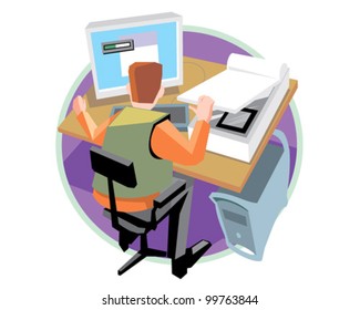 Designer at work design and print service vector icon illustration