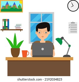 Designer at work at a desk with a laptop.Vector illustration in flat style.