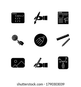 Designer work elements black glyph icons set on white space. Website coding. Seo specialist. Hand with paintbrush. Copywriting for online blog. Silhouette symbols. Vector isolated illustration