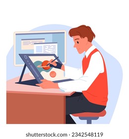 Designer at work with graphic tablet vector illustration. Cartoon isolated scene of creative digital design process by illustrator, male artist sitting on chair at desk to touch screen and draw