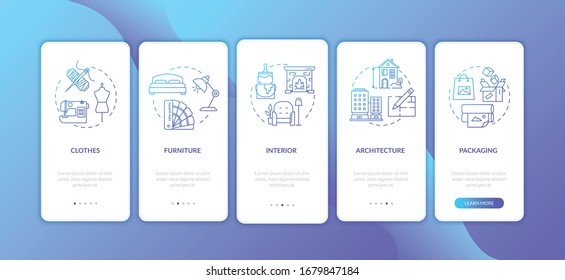 Designer work onboarding mobile app page screen with concepts set. Clothes decoration process walkthrough 5 steps graphic instructions. UI vector template with RGB color illustrations