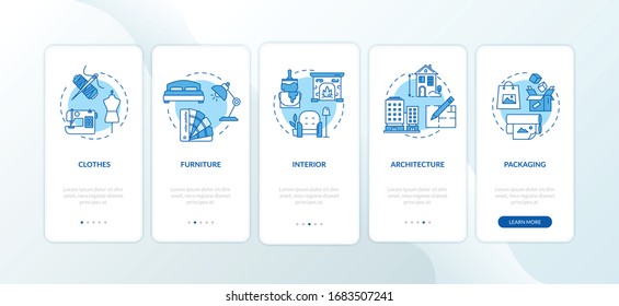 Designer work onboarding mobile app page screen with concepts set. Apartment decoration process walkthrough 5 steps graphic instructions. UI vector template with RGB color illustrations