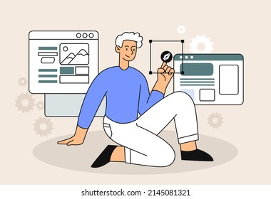 Designer at work. Young guy develops interface for applications and graphic elements for website. Template, mockup or layout. Modern technologies and digital world. Cartoon flat vector illustration