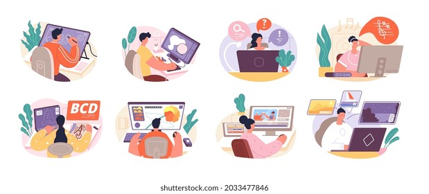 Designer workers. Designers use technology, laptops on workplace. Digital innovation in animation and graphic, creative office people utter vector scenes