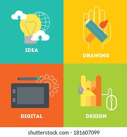Designer work-flow. Work from idea to result. Idea, hand drawing, digital drawing, design. Modern vector illustration in flat style. Get an objective