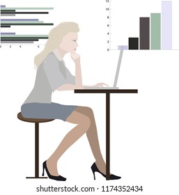 Designer working at the computer. Production growth charts.  Deep learning. Office concept. Feminism