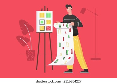 Designer working at design studio modern flat concept. Man holding wallpaper or fabric with abstract pattern and chooses new geometric shapes. Vector illustration with people scene for web banner