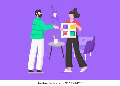 Designer arbeiten im Design Studio moderne flache Konzept. Team von Illustratoren diskutiert Palette mit abstrakten geometrischen Formen für neues Projekt. Vektorgrafik mit Menschen-Szene für Webbanner