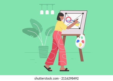Diseñador trabajando en diseño estudio concepto moderno plano. La ilustradora mujer dibuja formas geométricas sobre lienzo y trabaja con colores que se paran al caballete. Ilustración vectorial con escena de personas para banner web