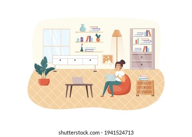 Designer working at home scene. Woman drawing graphics on laptop, typeset website or creates new digital product. Creative profession concept. Vector illustration of people characters in flat design