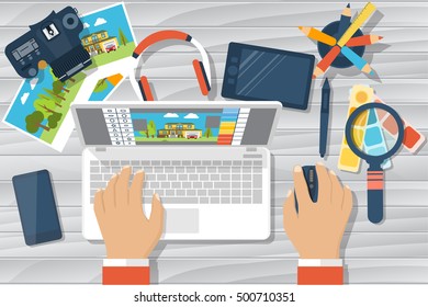 Designer working at laptop. Work desk with modern equipment digital devices. Concept of development of graphic design. Banner flat design style, vector illustration. Software processing photo.