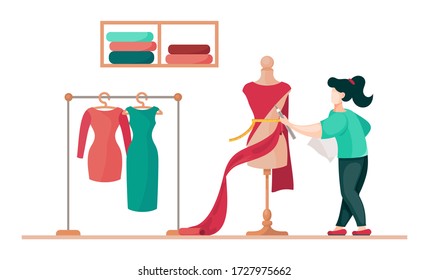 Designer working at new model of dress. Sewer measure waist of dress. Concept of sewing workshop with seamstress working near stand with dresses. Woman working in fashion atelier. Flat illustration