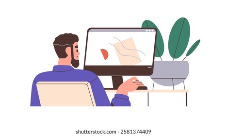 Designer working on computer at desk. Digital artist drawing, designing, sitting at table, workplace. Creative man looking at screen, display. Flat vector illustration isolated on white background